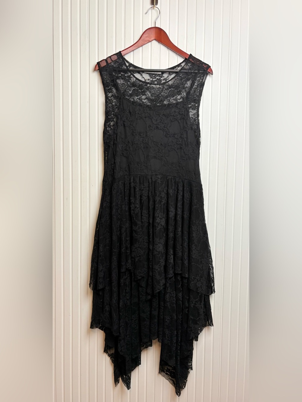 Origami Black Sheer Lace Dress M Handkerchief Hem Floral Witchy Whimsigoth Vampy